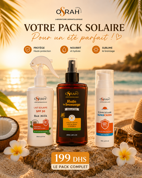 Pack Solaire Osrah – Écran SPF50+ + Lait SPF30 + Huile de Bronzage Pailletée