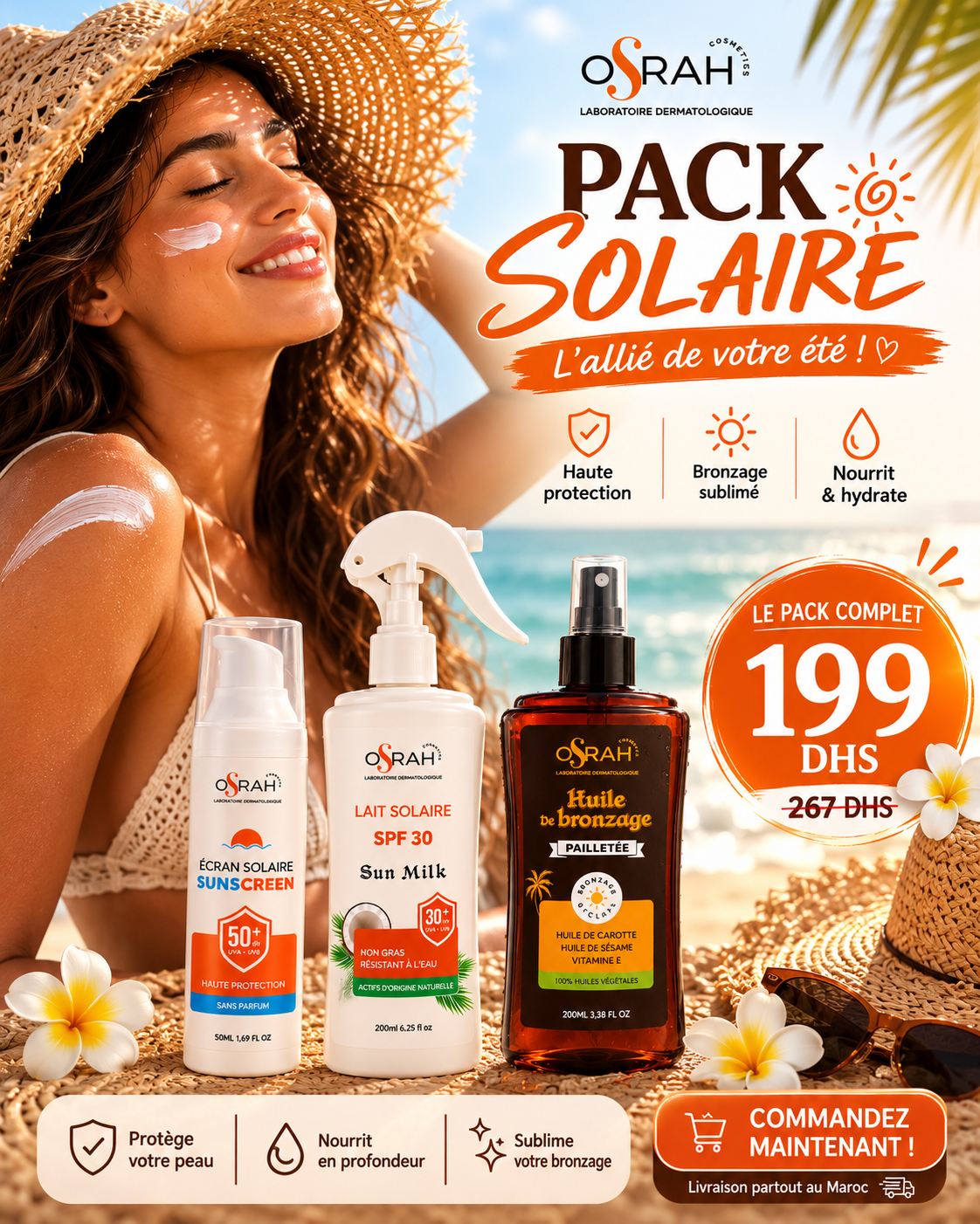 Pack Solaire Osrah – Écran SPF50+ + Lait SPF30 + Huile de Bronzage Pailletée
